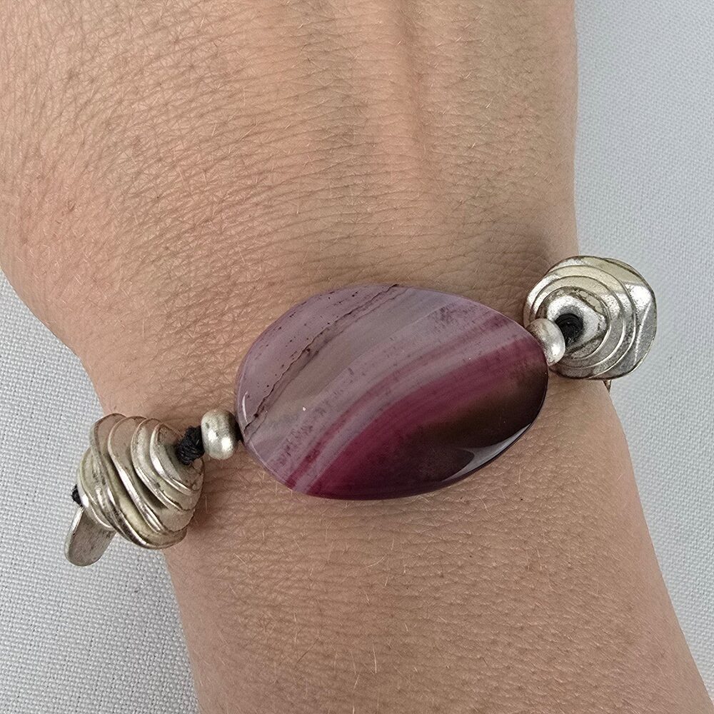 Natural Stone Silver Beaded Toggle Bracelet